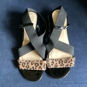 Ellen Tracey black and cheetah slight wedge sandal